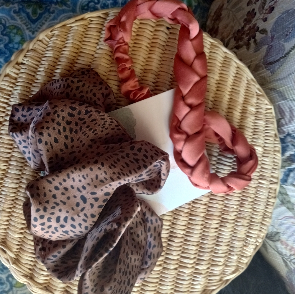 Hair accessories coral braided silk headband and cheetah print silk scrunch🍁🍂
